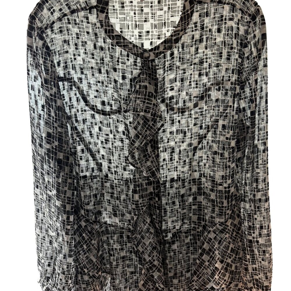 Chicos Black & White Geometric Ruffle Blouse Size 1 = M Sheer Lightweight - Picture 4 of 11